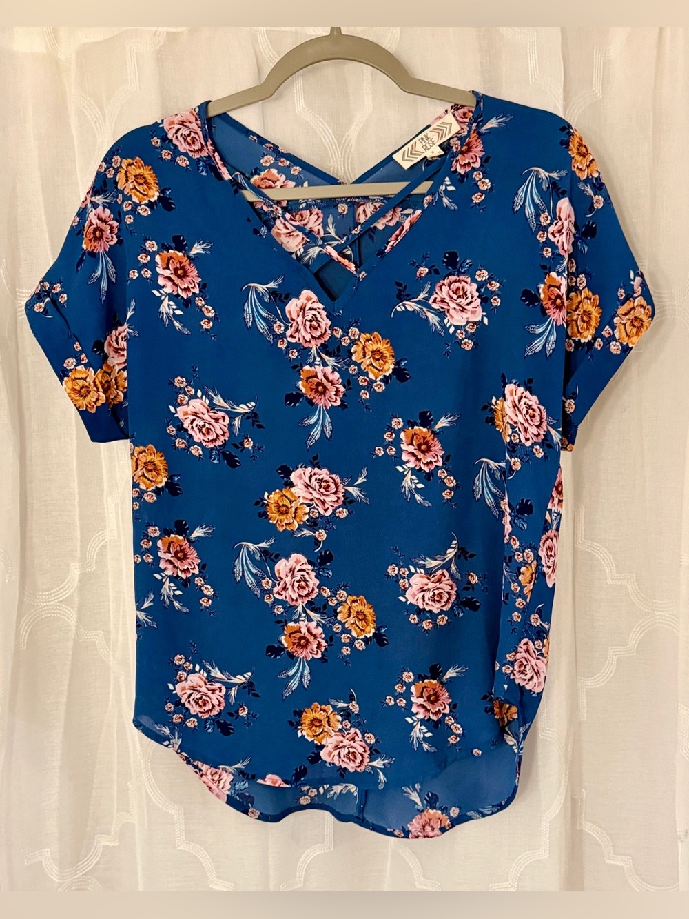 Knox Rose Small Blue Floral Criss Cross Boho Blouse